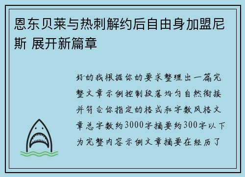 恩东贝莱与热刺解约后自由身加盟尼斯 展开新篇章